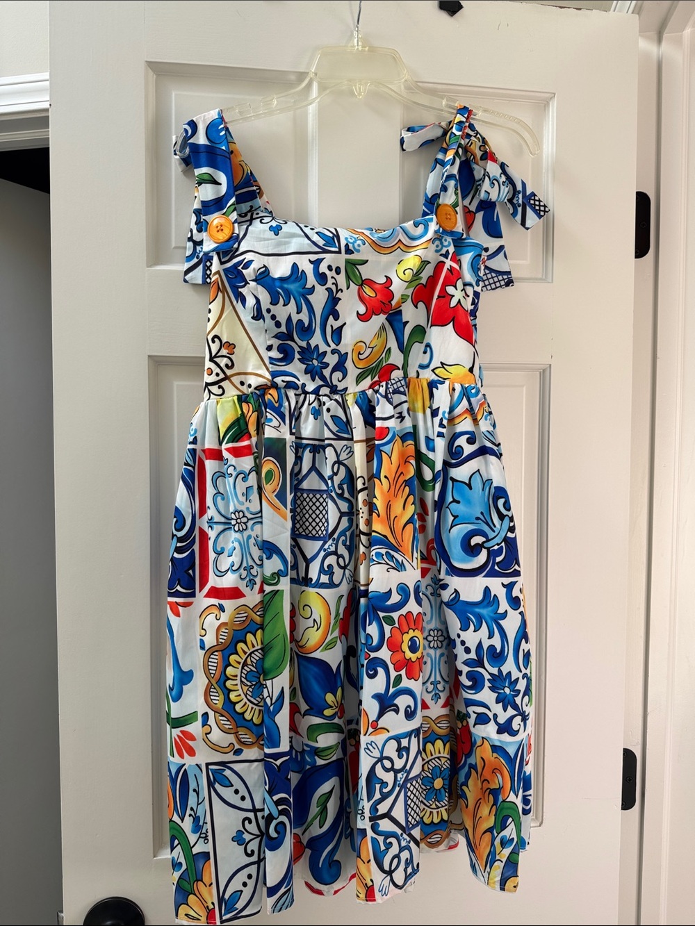 Vintage . Dolce&Gabbana Bright Tile-Print Tie-Shoulder Mini Dress in Multicolor